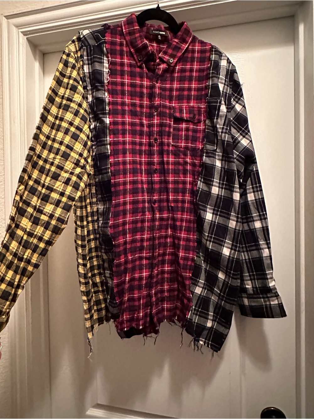Fashion Nova Patchwork Plaid Button-Down Shirt - Red, Yellow & Black